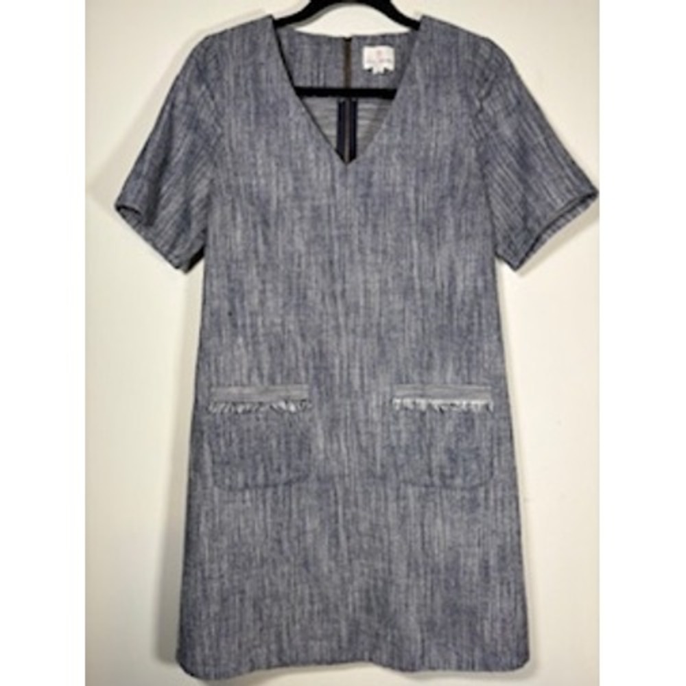 JULIE BROWN NYC Shift Dress 6 Linen Blend Fringe Pocket V-Neck‎ Coastal Summer